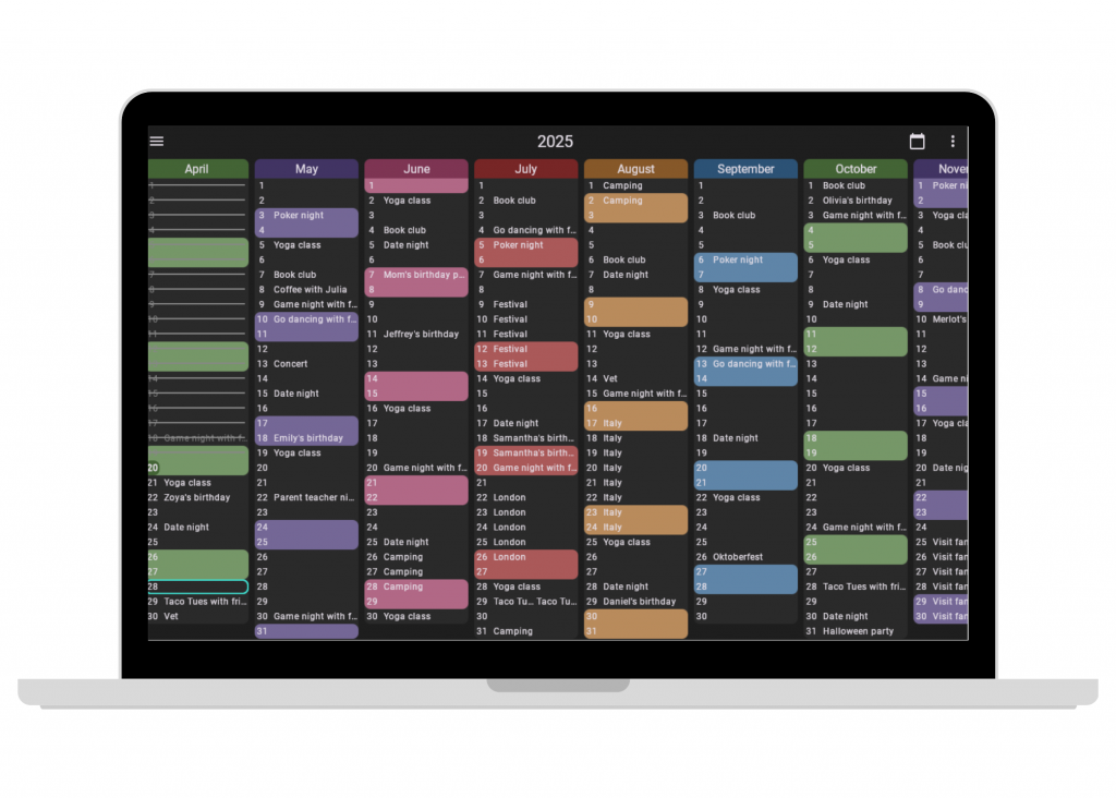 How the Glance calendar app looks on a laptop in dark mode.