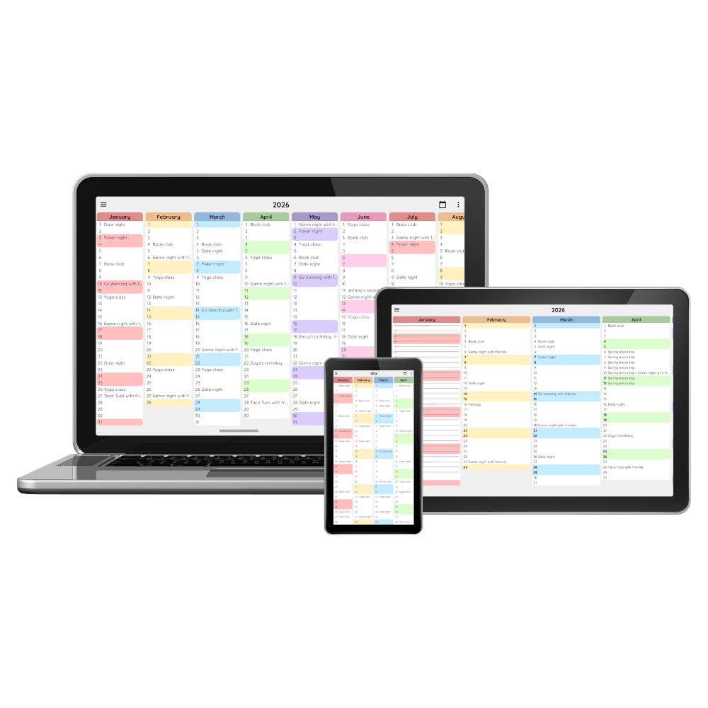 Year at a glance calendar across desktop, tablet and mobile