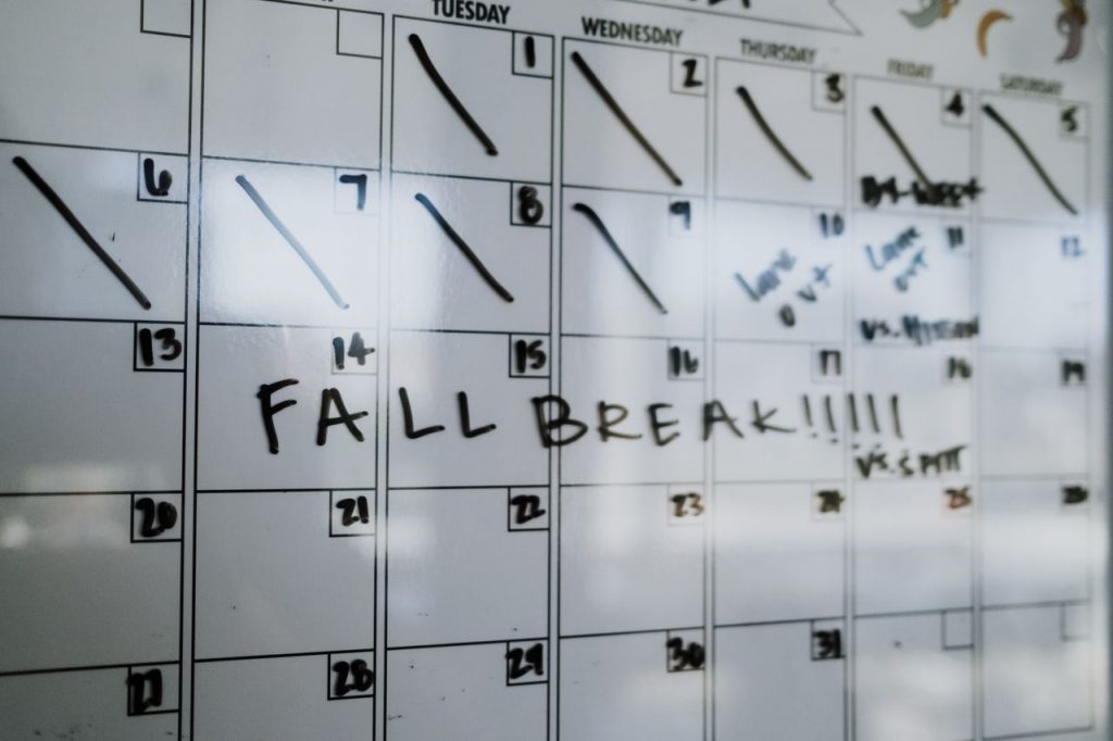 Close-up of a whiteboard calendar