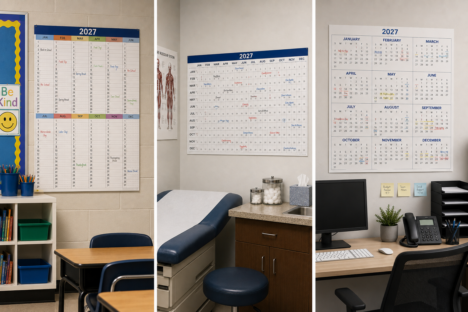 Wall calendar examples in schools, doctor's offices, and offices.
