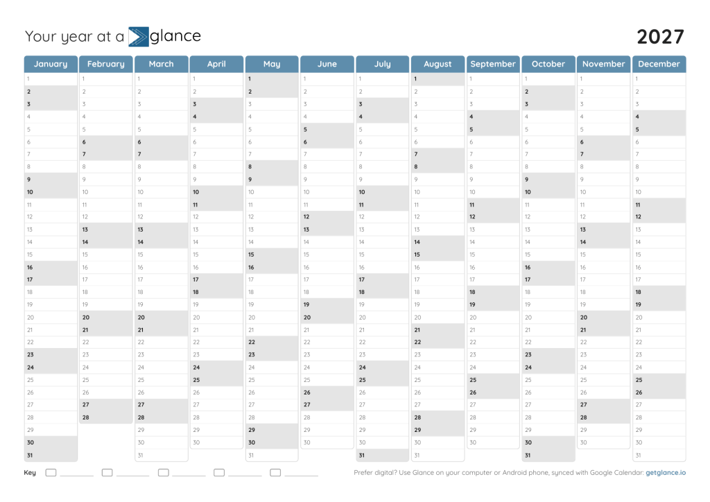 2027 year at a glance calendar in blue
