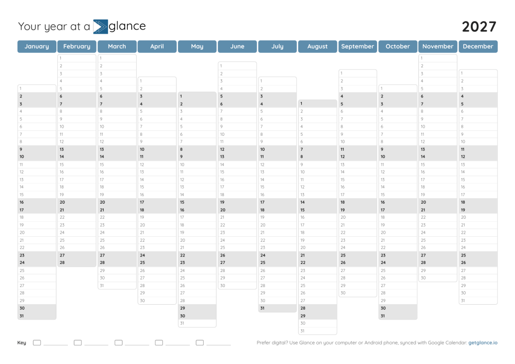 2027 year at a glance calendar in blue, weekends aligned