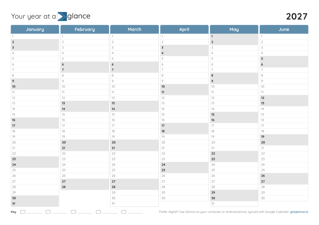 2027 year at a glance calendar in blue, half year per page, first half of year