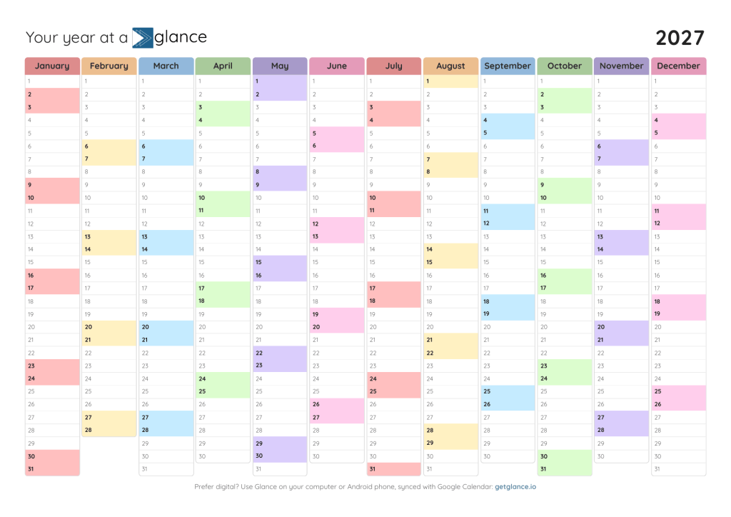 2027 year at a glance calendar in pastel
