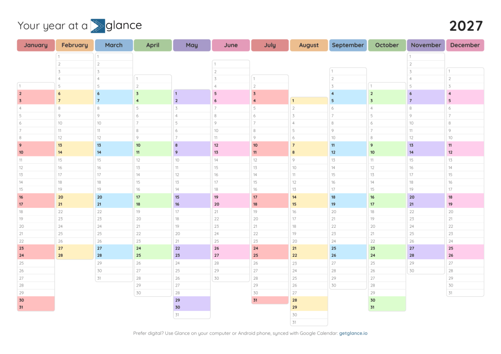 2027 year at a glance calendar in pastel, weekends aligned
