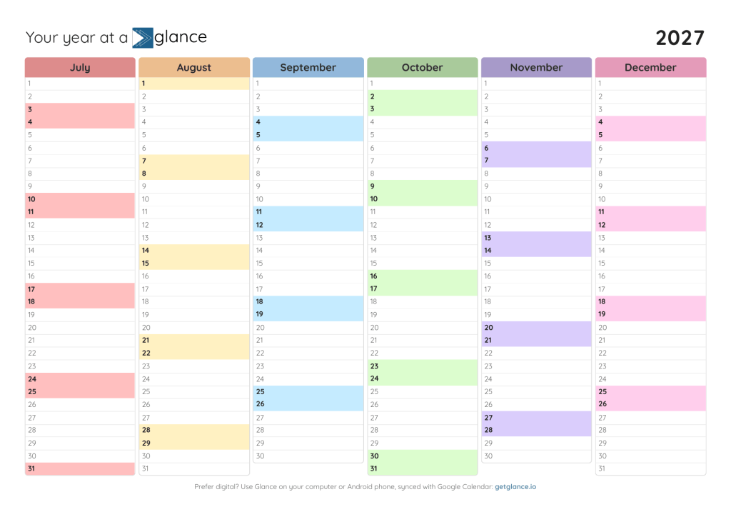 2027 year at a glance calendar in pastel, half year per page, second half of year
