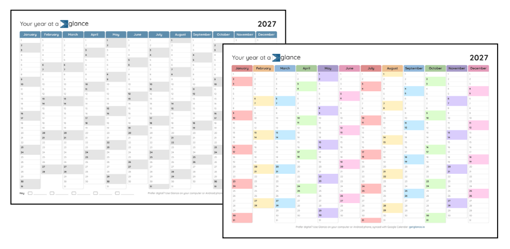 Free printable 2027 year at a glance calendars